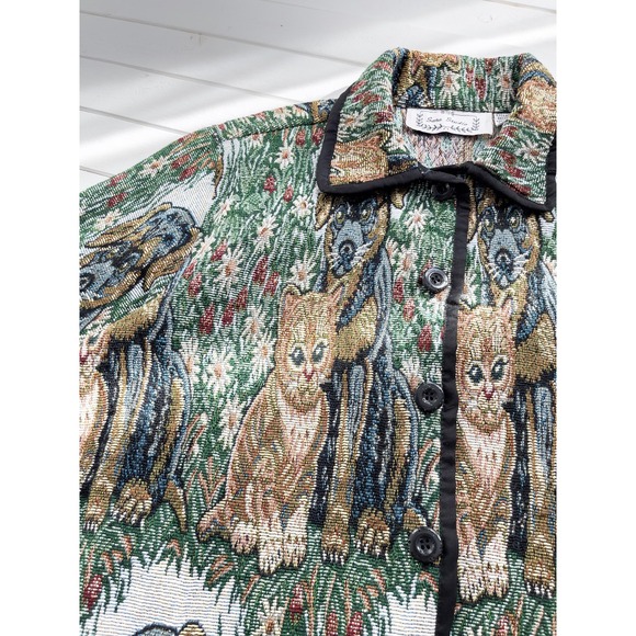 vtg Sara Studio cat kitten puppy dog floral cottagecore woven tapestry jacket - Picture 4 of 5